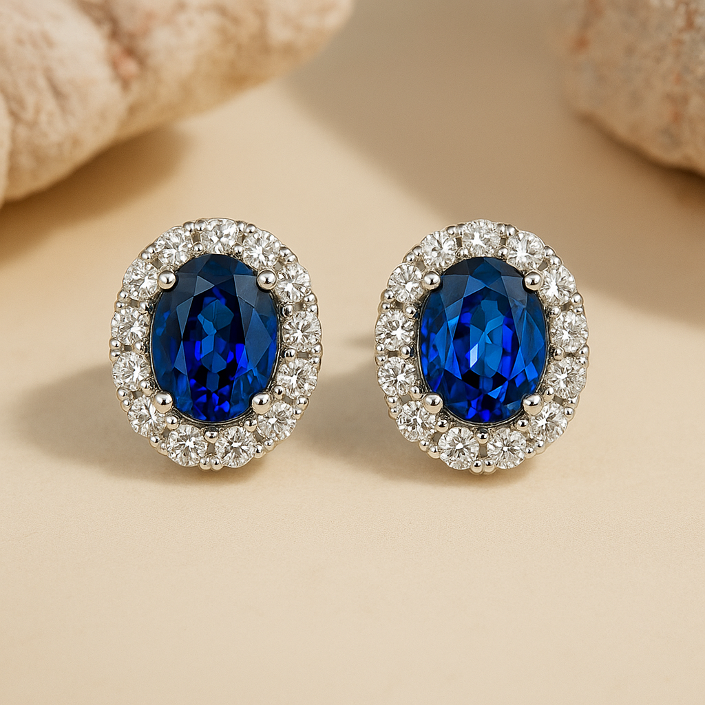 Dazzling Oval Cut Blue Stone Halo Sterling Silver Earrings