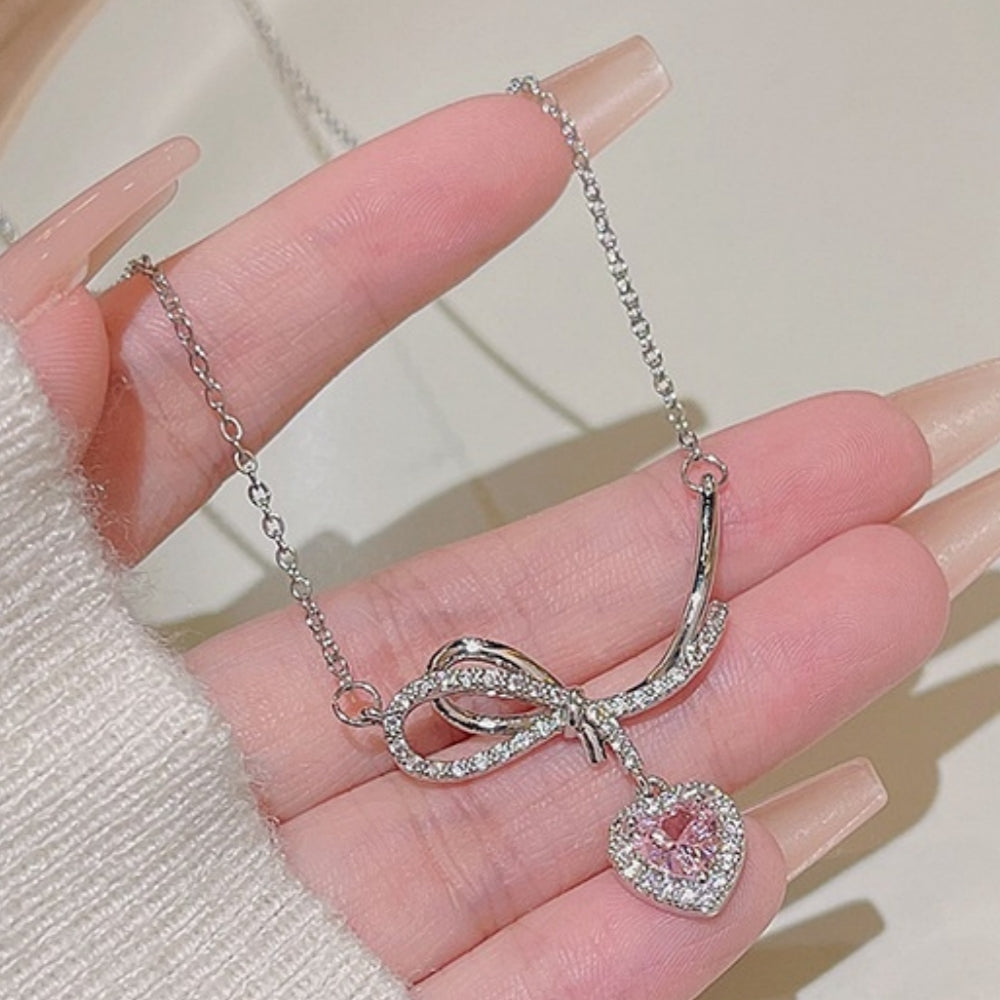Heart Cut Pink Bow Sterling Silver Necklace