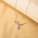 Heart Cut Pink CZ Bow Sterling Silver Necklace