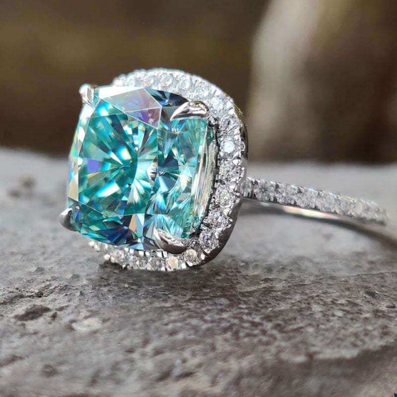 Unique Cushion Cut Blue Stone Sterling Silver Halo Engagement Ring