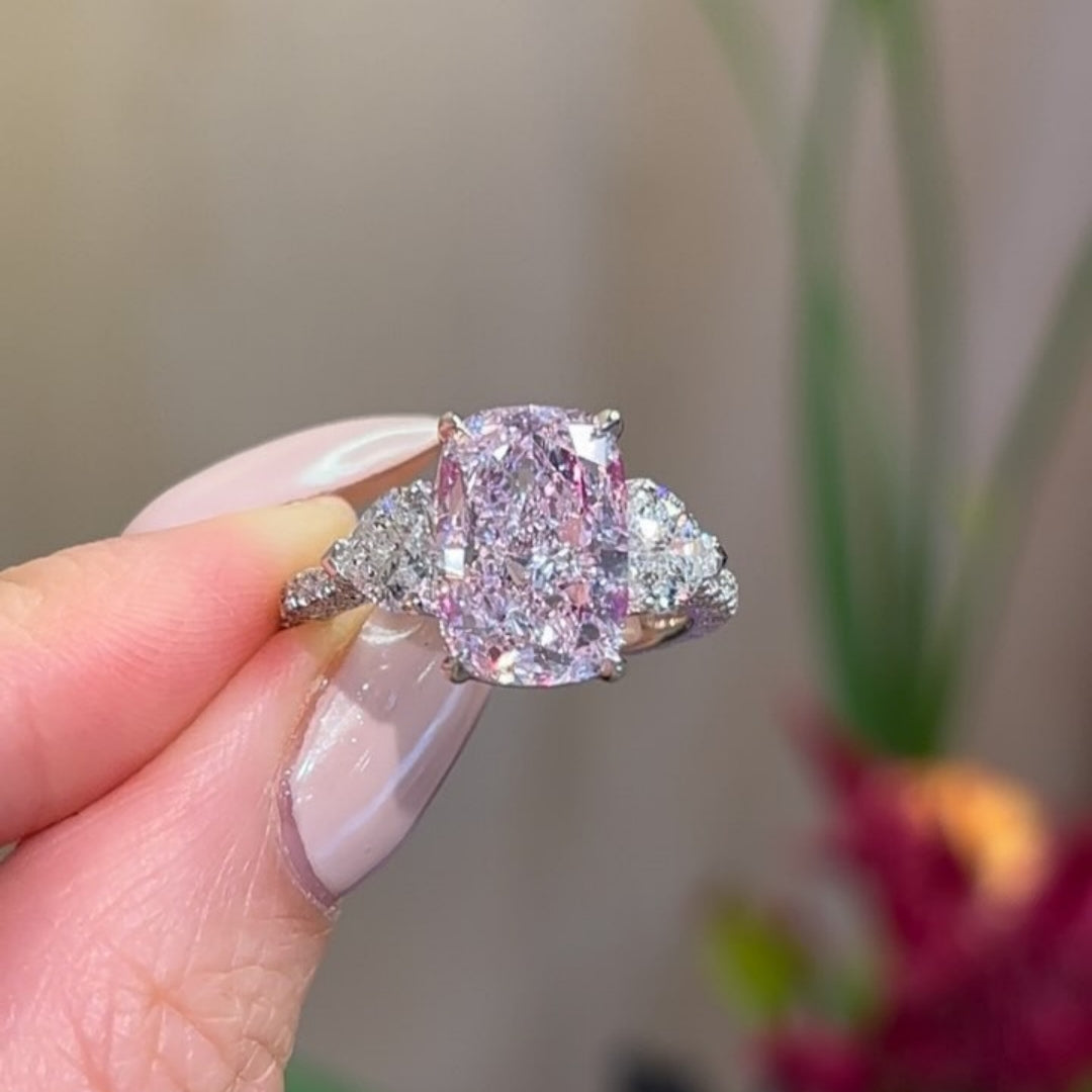 Exquisite 925 Sterling Silver Engagement Ring with Pink Stone and White Gold Plating