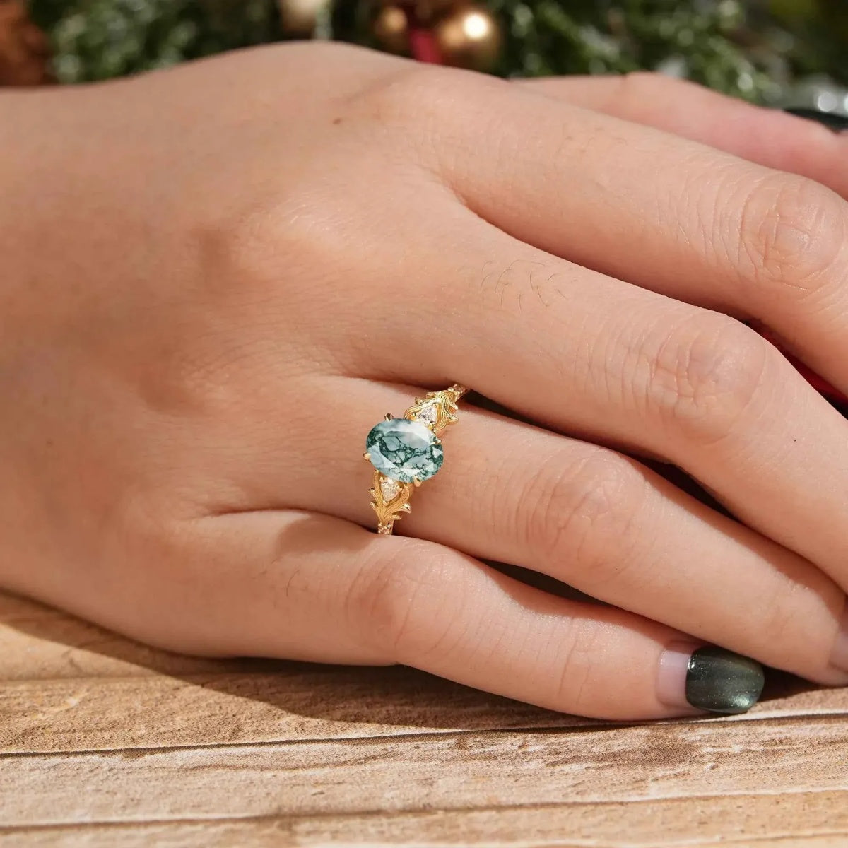Nature-Inspired 1.5ct Oval Cut Moss Agate Leaf and Vine Engagement Ring