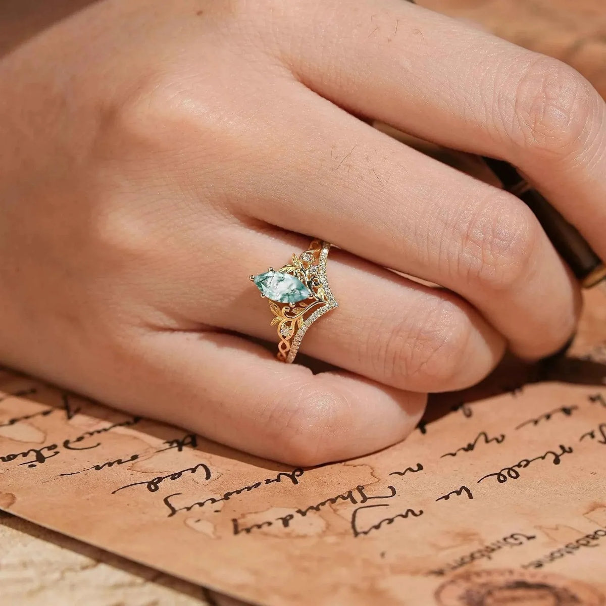 Elven Crown 0.5ct Marquise Cut Moss Agate Enchanted Forest Engagement Ring
