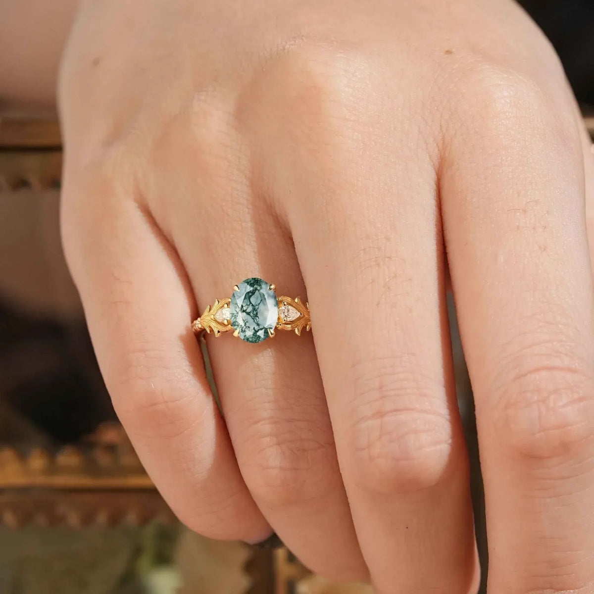 Nature-Inspired 1.5ct Oval Cut Moss Agate Leaf and Vine Engagement Ring