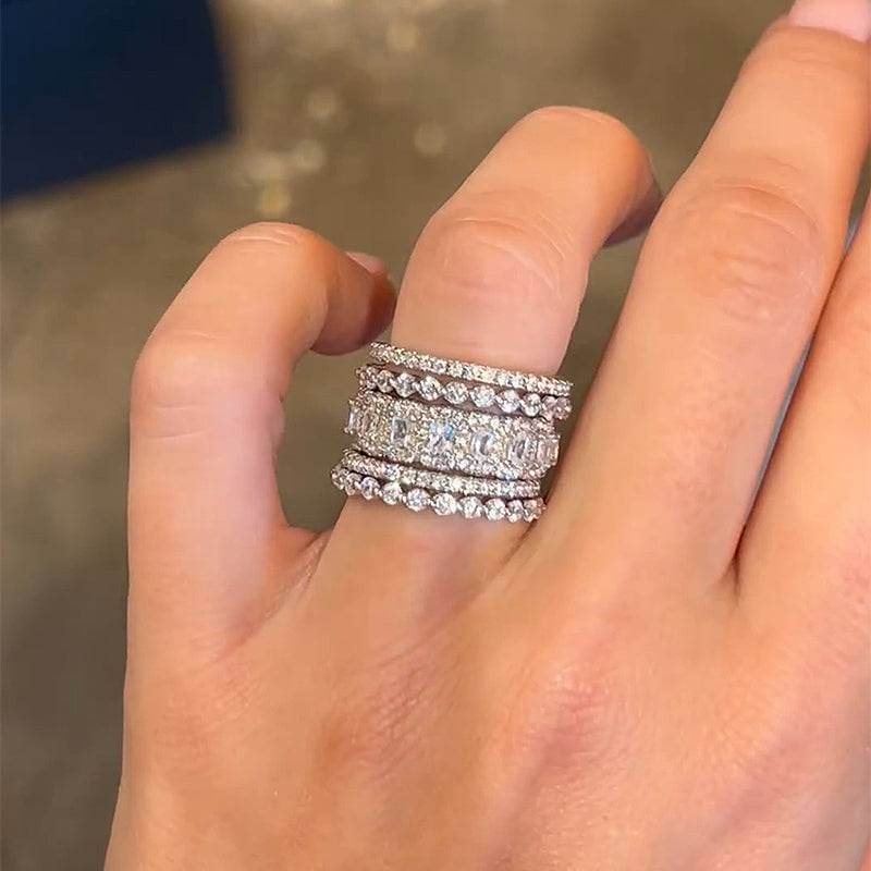 Luxurious Cushion Cut 5PC Wedding Band Set For Women In Sterling Silver