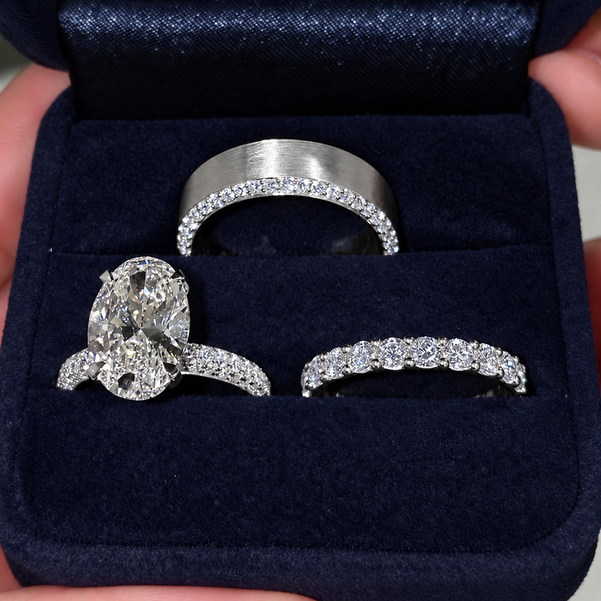 3PC 5.0ct Oval Cut Gemstone Bridal Ring Set With Pave & Brushed Bands