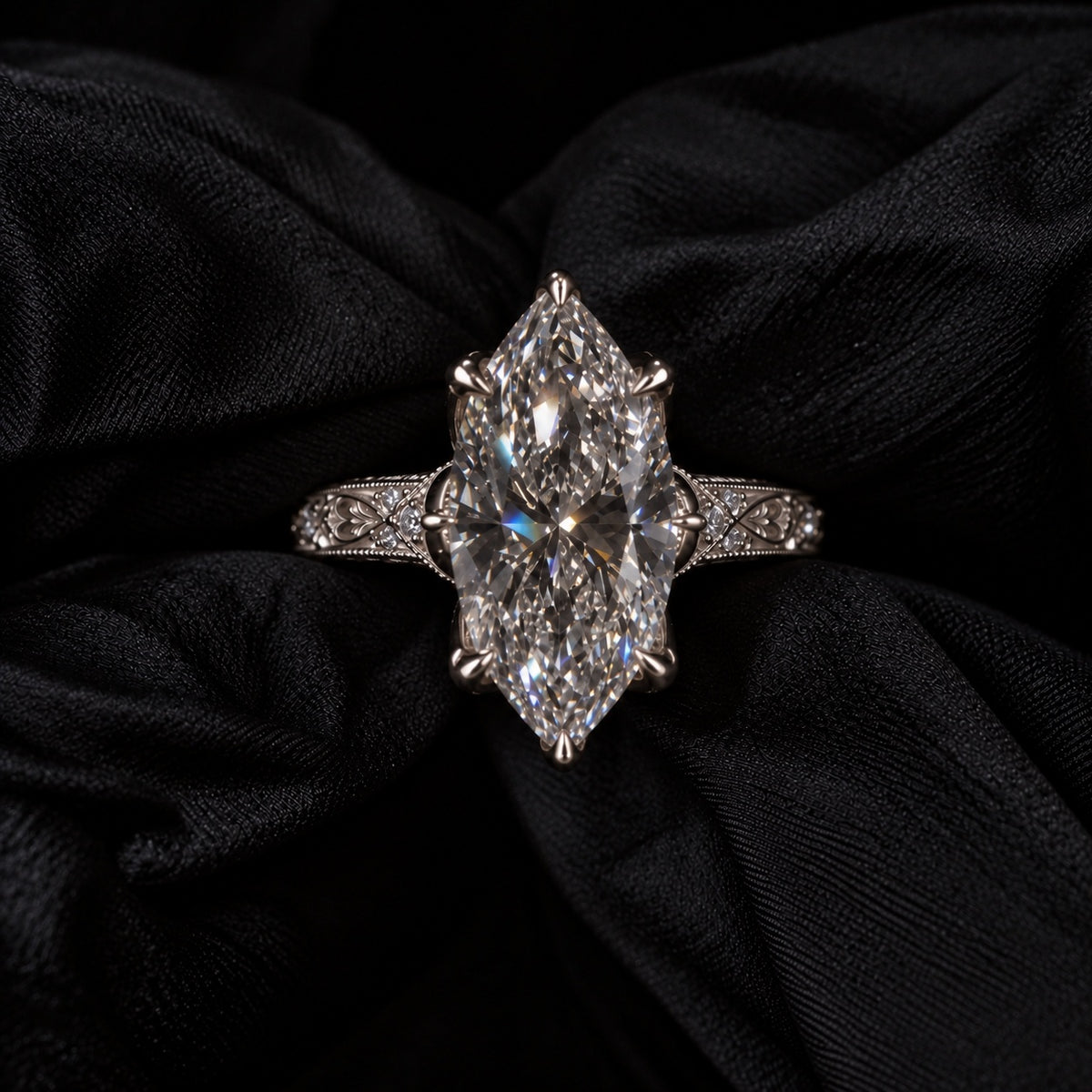 Vintage 8.0ct Marquise Cut Signature Floral Engagement Ring in Sterling Silver