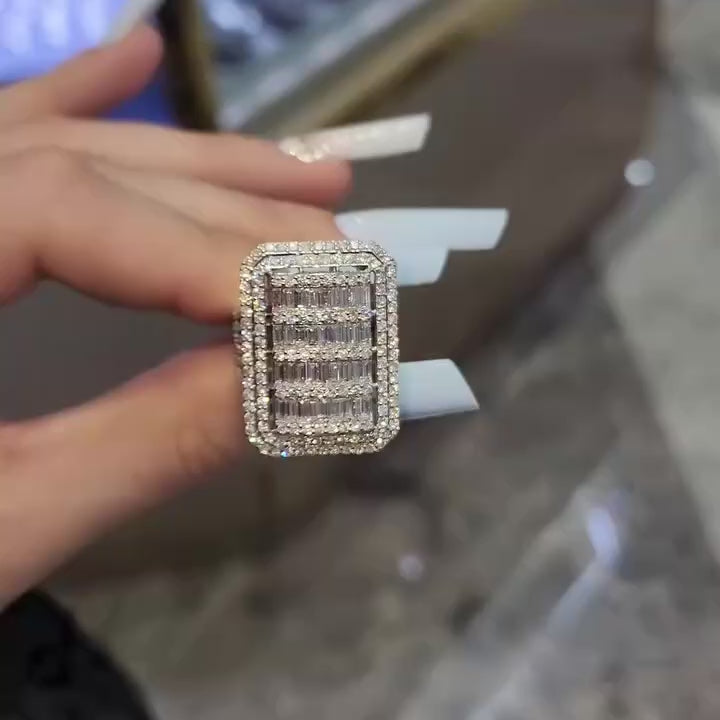 Massive Flawless Emerald Cut • Bold 7ct Look Double Halo Multi-Row Iced Out Engagement Ring In Sterling Silver