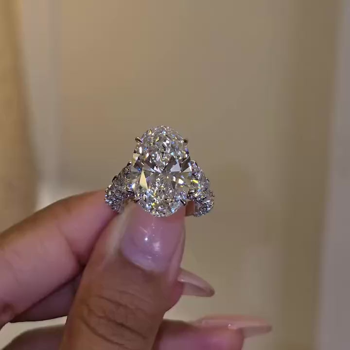 Glamorous Three-Stone Hidden Halo Oval Cut 10.0ct Engagement Ring