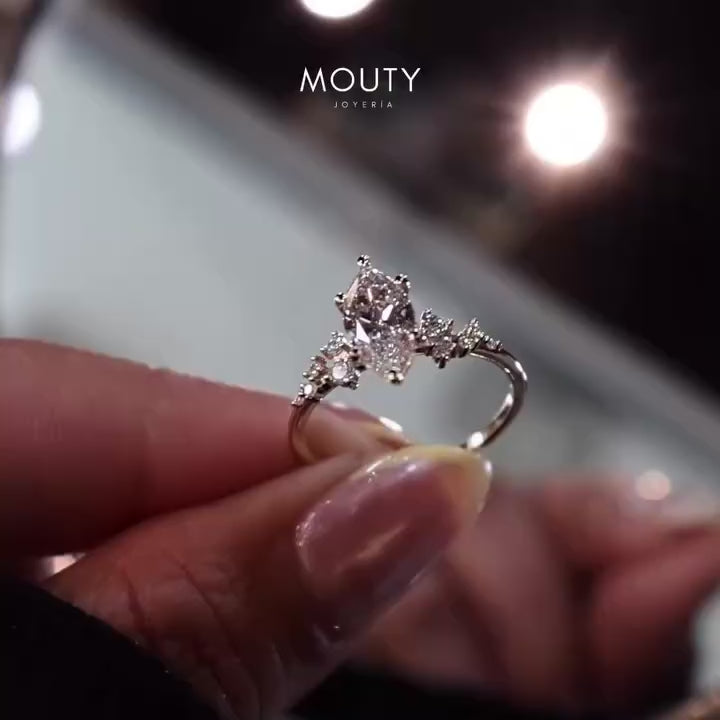 1.0ct Marquise Cut Asymmetrical Cluster Engagement Ring In Sterling Silver