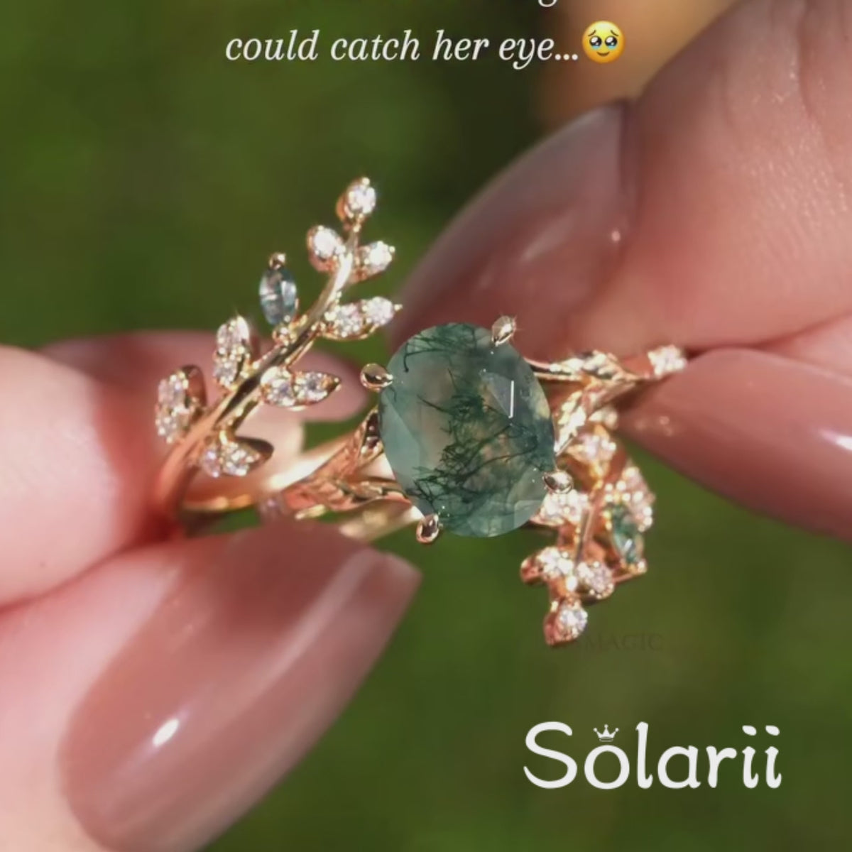 Vintage Moss Agate 1.5ct Oval Cut Engagement Ring Set | Nature-Inspired Branch & Leaf Band