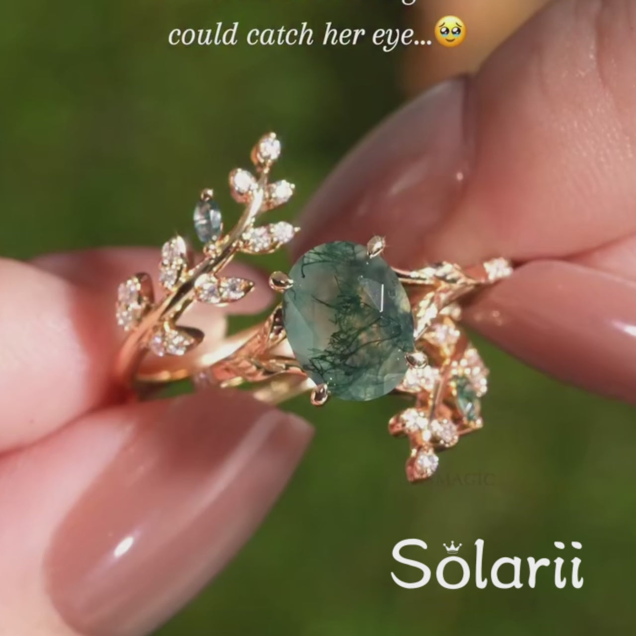 Vintage Moss Agate 1.5ct Oval Cut Engagement Ring Set | Nature-Inspired Branch & Leaf Band