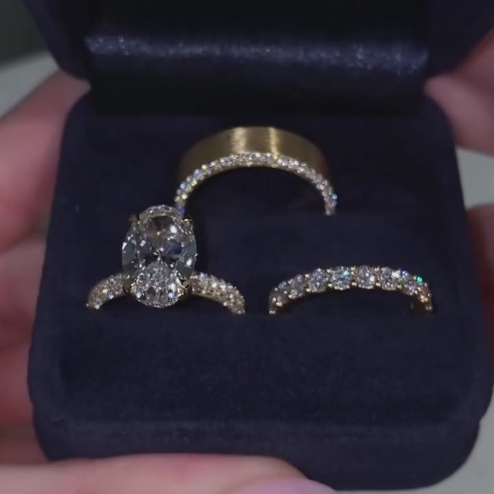 3PC 5.0ct Oval Cut Gemstone Bridal Ring Set With Pave & Brushed Bands