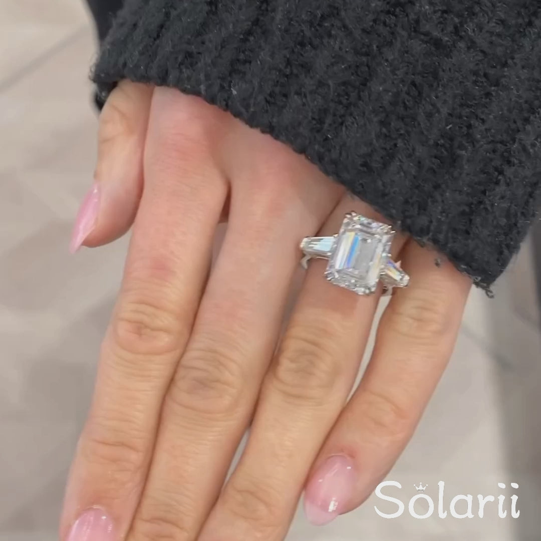 Luxurious Emerald Cut Three Stone Sterling Silver Engagement Ring