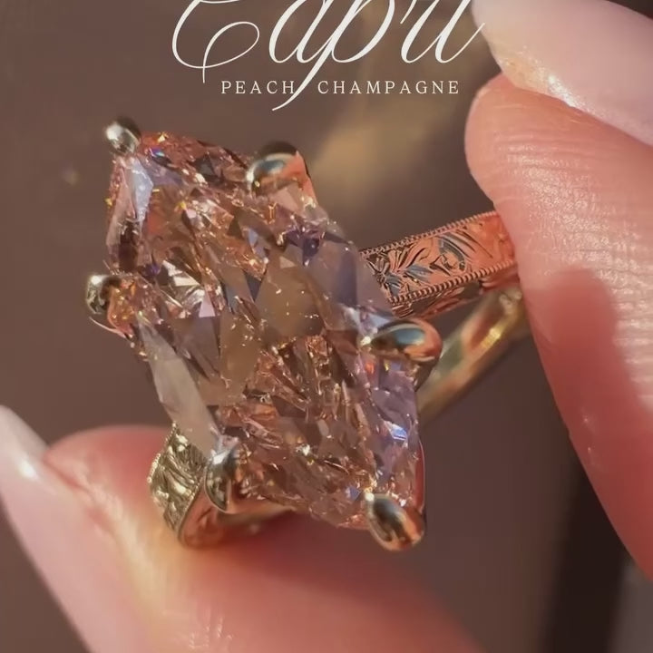 Vintage 3.0ct Hand-Engraved Peach Champagne Marquise Cut Engagement Ring In Sterling Silver