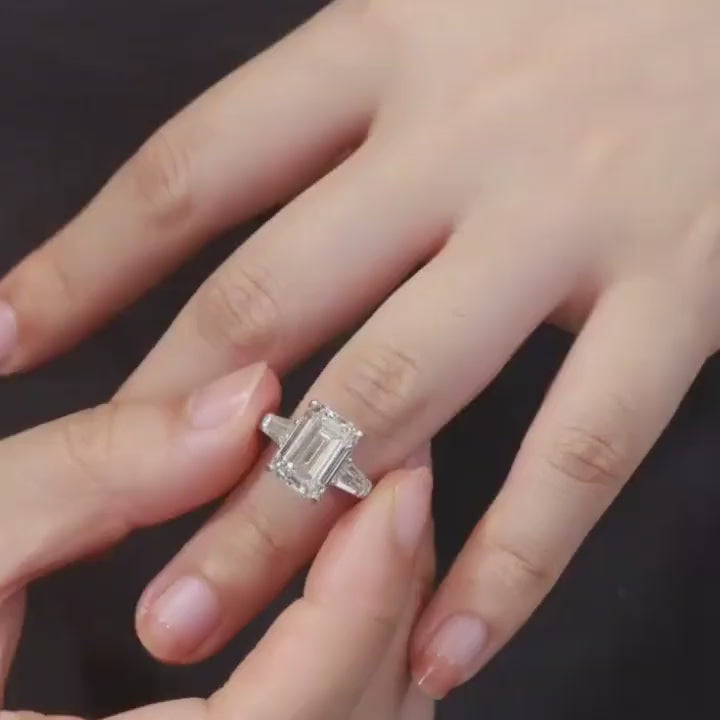 Solarii Moissanite 4.0ct Emerald Cut Three Stones 925 Sterling Silver Engagement Ring