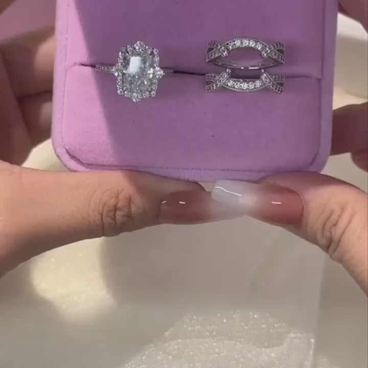 Luxurious Radiant Cut 925 Sterling Silver Bridal Set