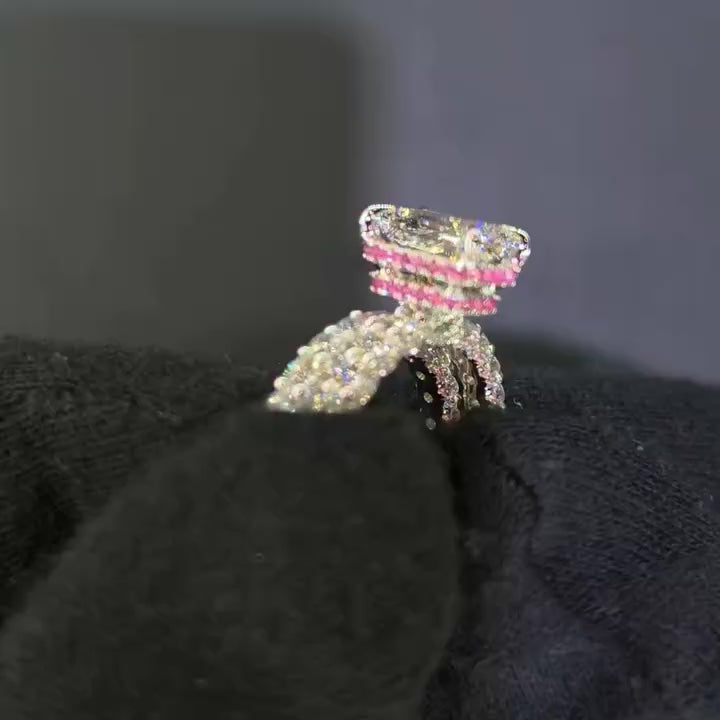 Radiant Cut 5.0ct Double Pink Hidden Halo 2PC Bridal Set in Sterling Silver