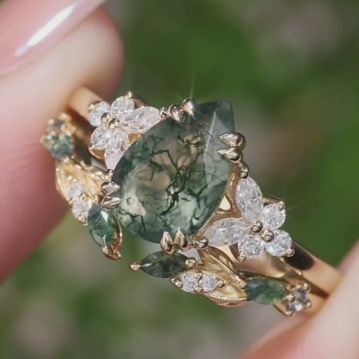 Botanical Moss Agate 2.0ct Pear Cut Ring Set | Floral Vine & Leaf Branch Band