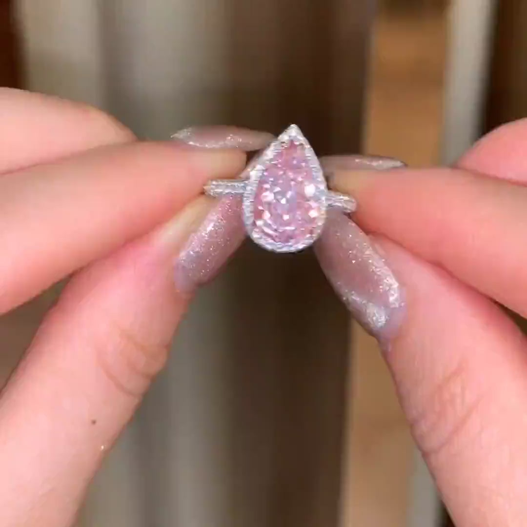 Pink Pear Cut Simulated Diamonds Ring, White Gold, 925 Silver.
