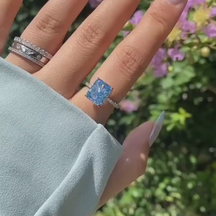 Radiant Cut Blue Stone Pave Sterling Silver Engagement Ring