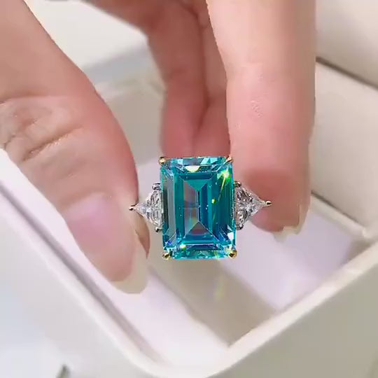 Bright Emerald Cut Blue Stone Sterling Silver Engagement Ring