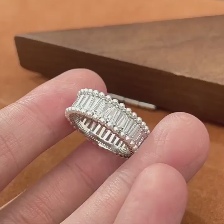 Silver Emerald Cut Stone & Pearl Eternity Ring | Solarii Jewelry