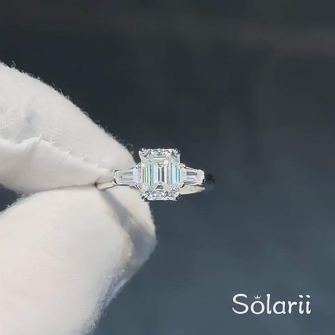 Solarii Moissanite 2.0ct Emerald Cut Three Stones 925 Sterling Silver Engagement Ring