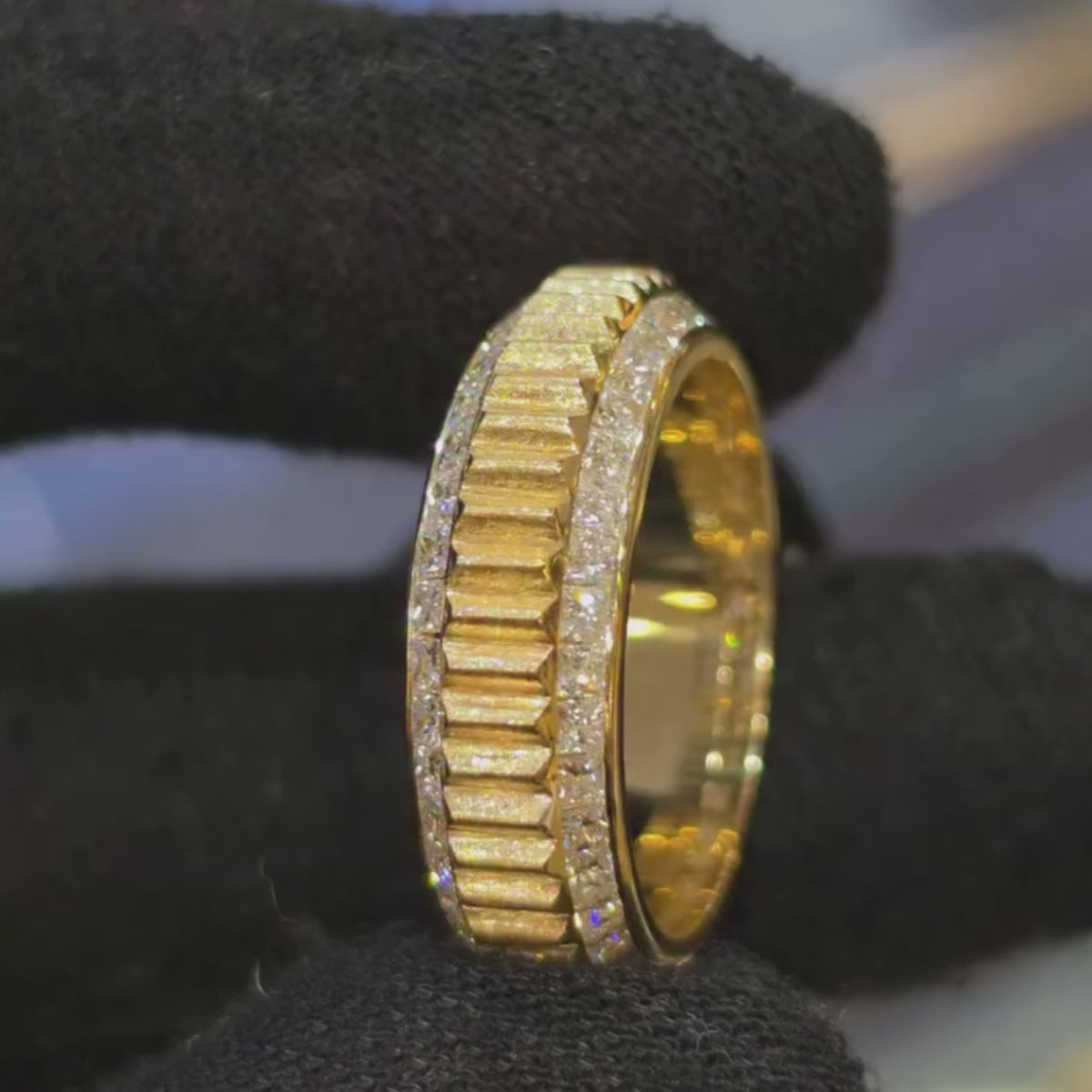 Modern Fluted Cigar Band with Princess Cut Diamond Edges