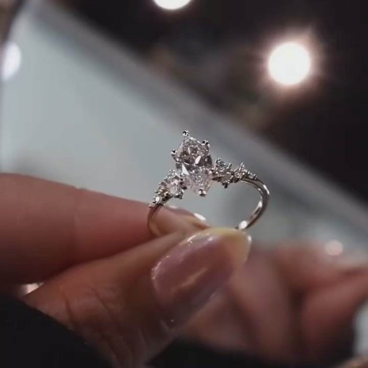 1.0ct Marquise Cut Asymmetrical Cluster Engagement Ring In Sterling Silver