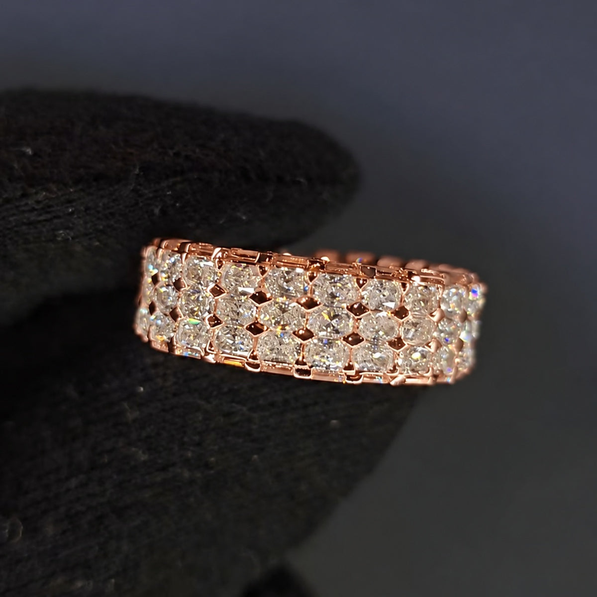 Multi-Row Radiant Cut Wide Band with Emerald Cut Edges