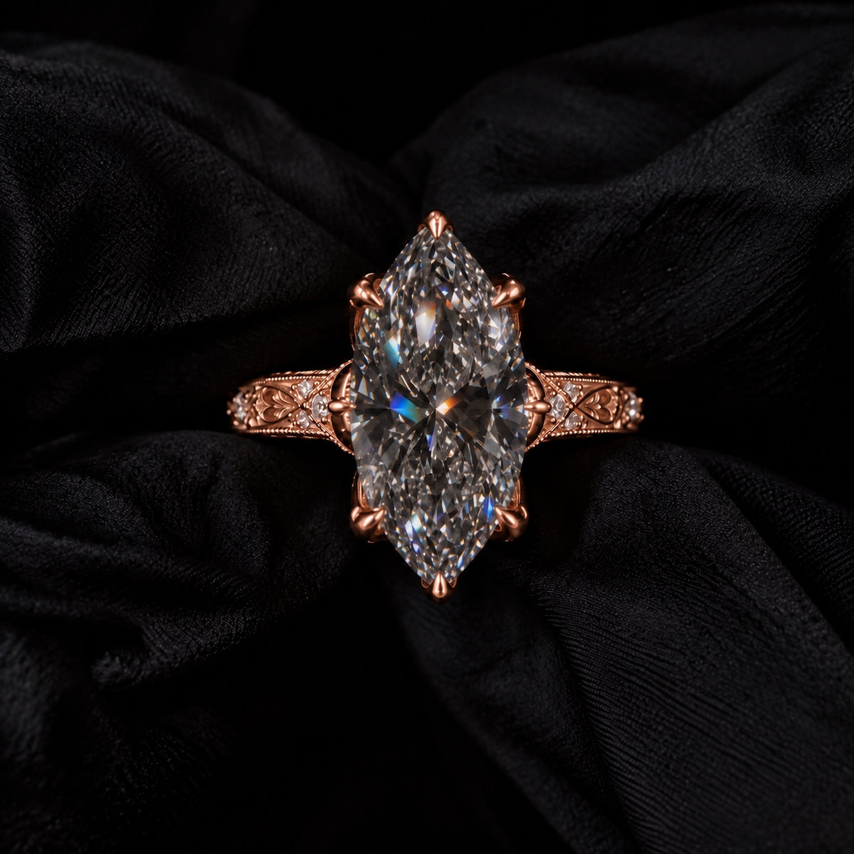 Vintage 8.0ct Marquise Cut Signature Floral Engagement Ring in Sterling Silver