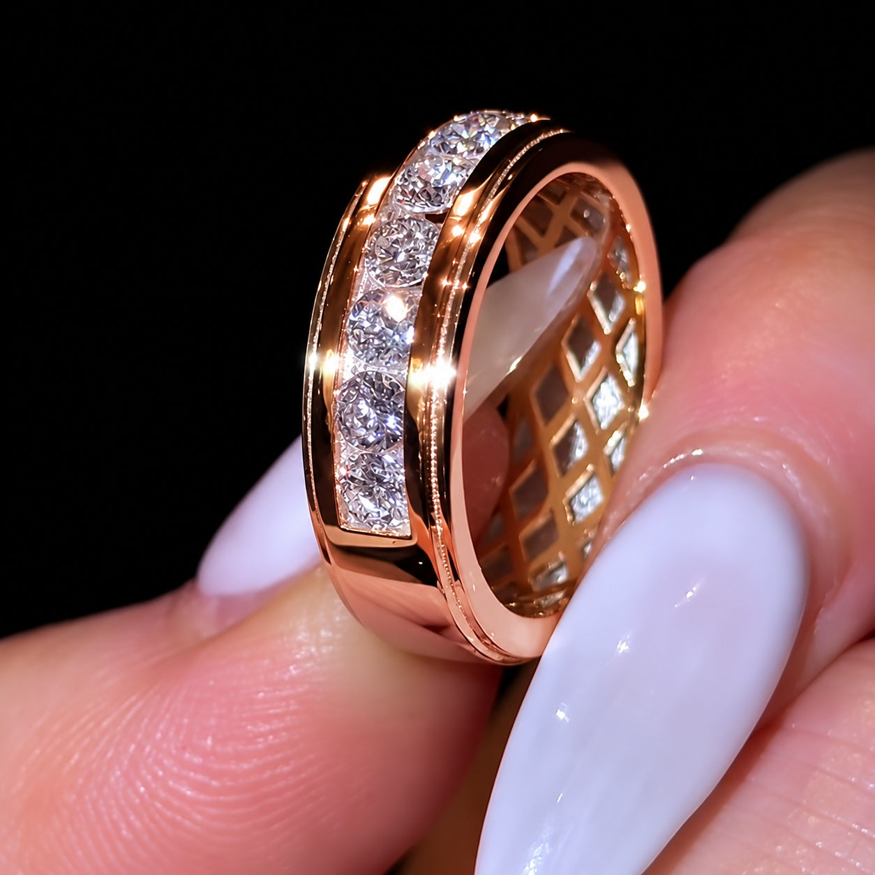 Round Cut Channel Set Half Eternity Wide Band in Sterling Silver