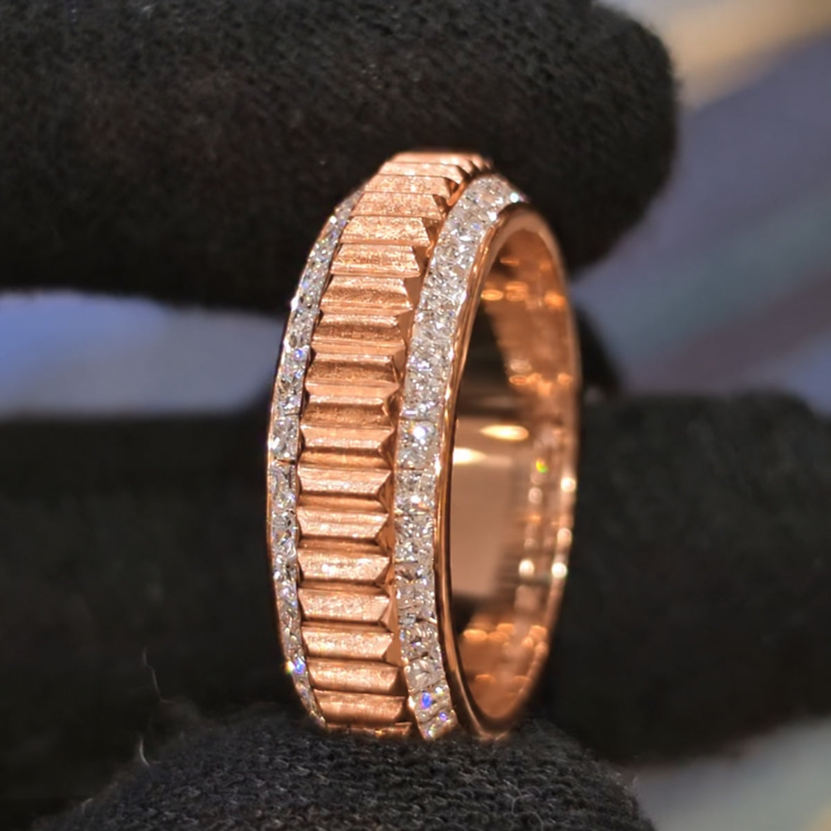 Modern Fluted Cigar Band with Princess Cut Diamond Edges