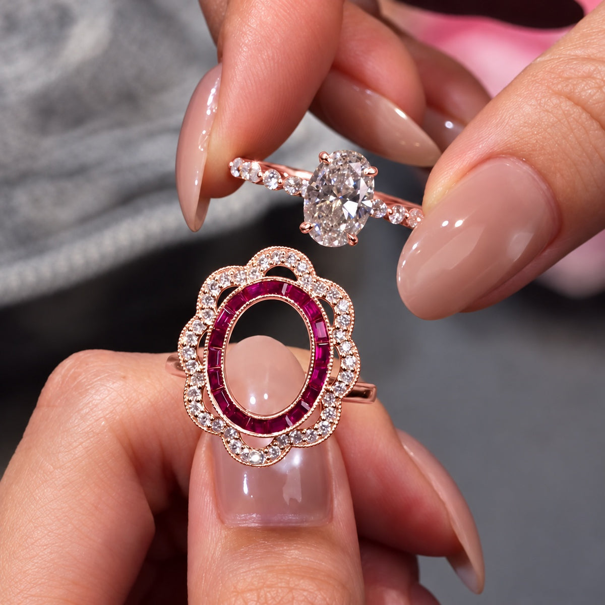 Vintage 1.5ct Oval Cut Gemstone Bridal Ring Set With Ruby Tone Enhancer