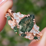 Botanical Moss Agate 2.0ct Pear Cut Ring Set | Floral Vine & Leaf Branch Band