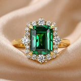 Vintage Halo Emerald Cut 3.0ct Emerald Green Engagement Ring In Sterling Silver