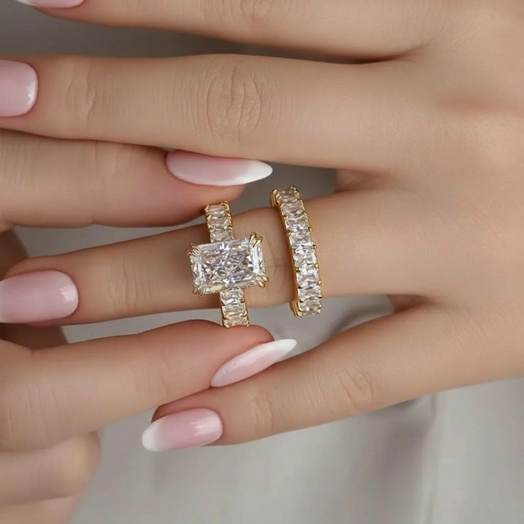 Glistening-hued Radiant Cut 5.0ct Pave 925 Sterling Silver Wedding Ring Set