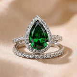 Classic 2.2ct Emerald Green Halo Pear Cut Wedding Set In Sterling Silver
