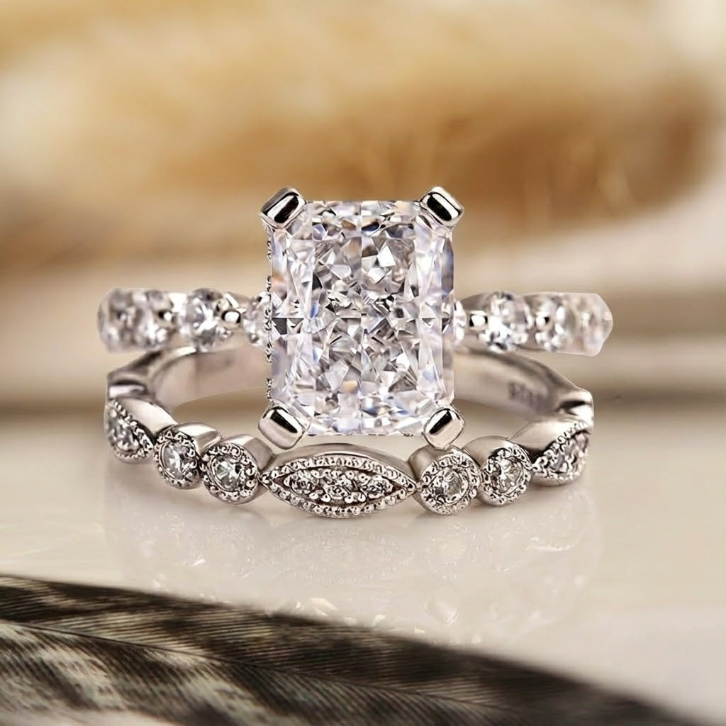 Luxury Halo Radiant Cut 925 Sterling Silver Wedding Ring Set
