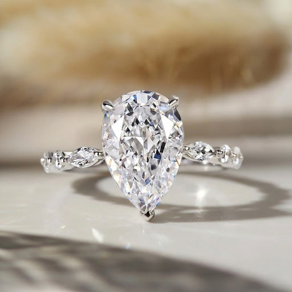 Pear Cut White Stone White Gold Ring