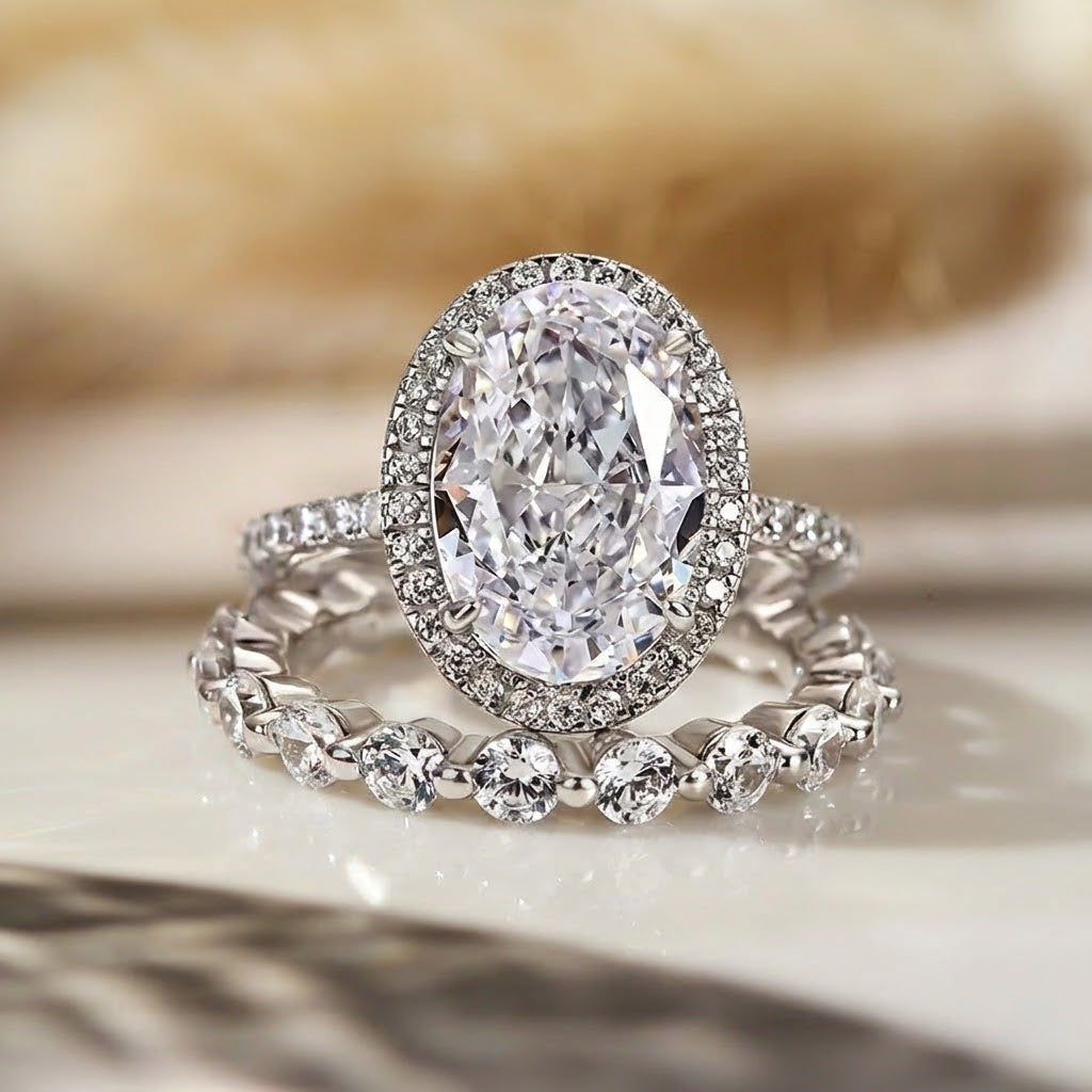 Solarii Eternal Sparkle Cubic Zirconia Ring 3.0ct Oval Cut 925 Sterling Silver Wedding Ring Set