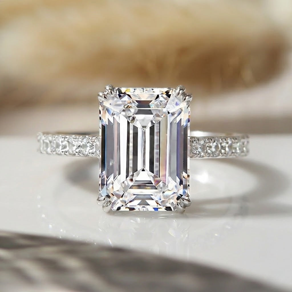 Classic Emerald Cut Solitaire Sterling Silver Engagement Ring