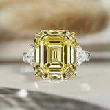 Deluxe Assher Cut 12.0ct Yellow Stone Three Stone Engagement Ring In Sterling Silver