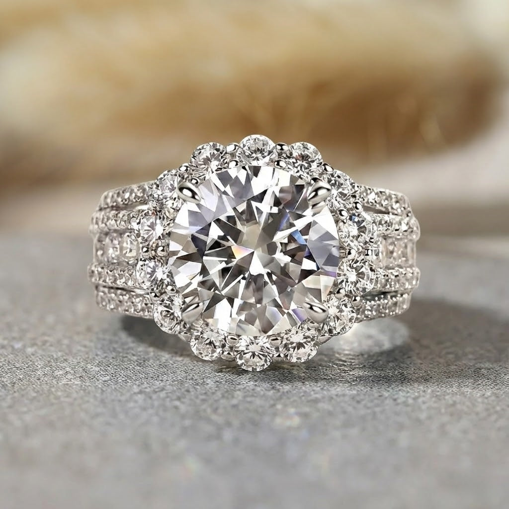 Sumptuous Halo Design Round Cut 4.0ct Engagement Ring In Sterling Silver