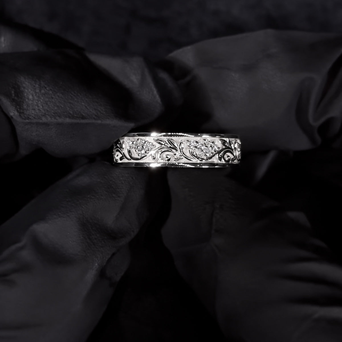 Floral Engraved Wide Band with Hidden Eternity Edge