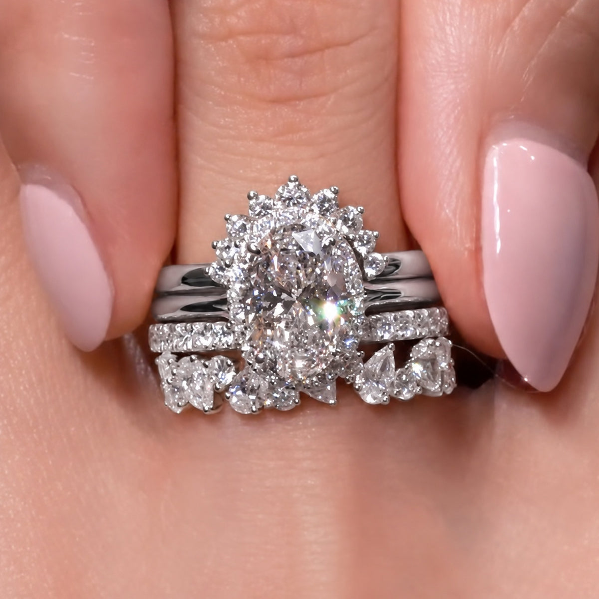 Magnificent 4PC 2.0ct Oval Cut Halo Gemstone Ring Stack