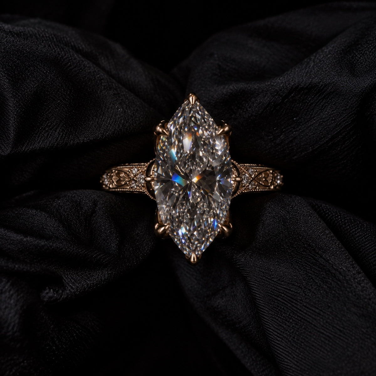 Vintage 8.0ct Marquise Cut Signature Floral Engagement Ring in Sterling Silver