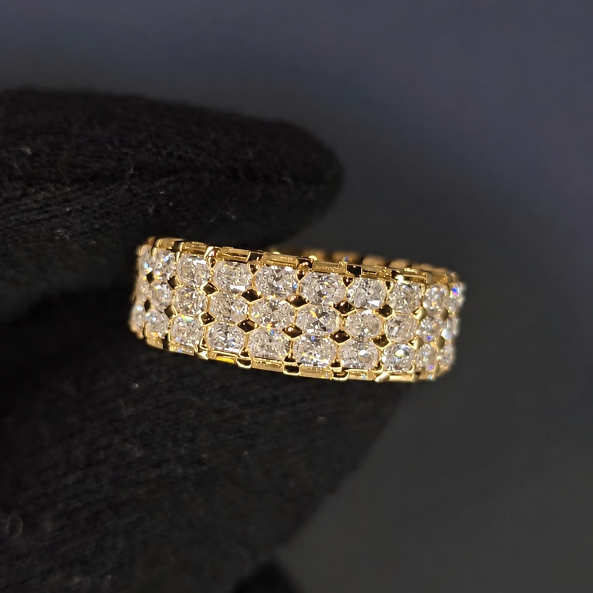 Multi-Row Radiant Cut Wide Band with Emerald Cut Edges