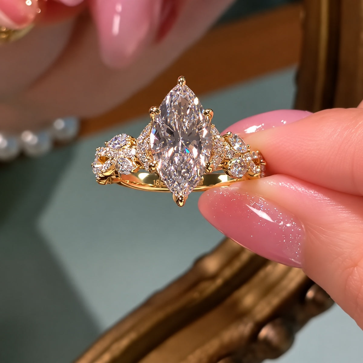 Vintage Botanical 3.0ct Marquise Cut Floral Engagement Ring